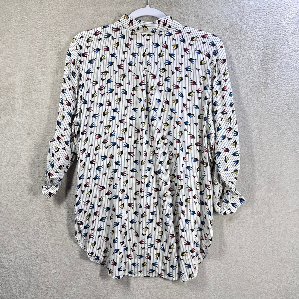 Grand & Greene Women's S Bird Print Pinstripe Button Down Shirt Roll Tab Rayon - Picture 7 of 8